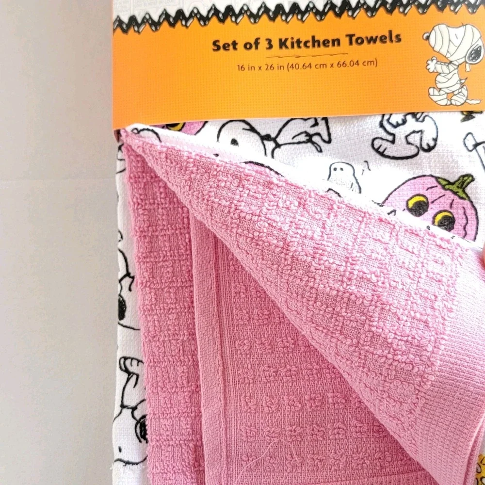 NEW 2025 Peanuts Pink Pumpkins Snoopy Set Of 3 Halloween Kitchen Towels 100% Cot